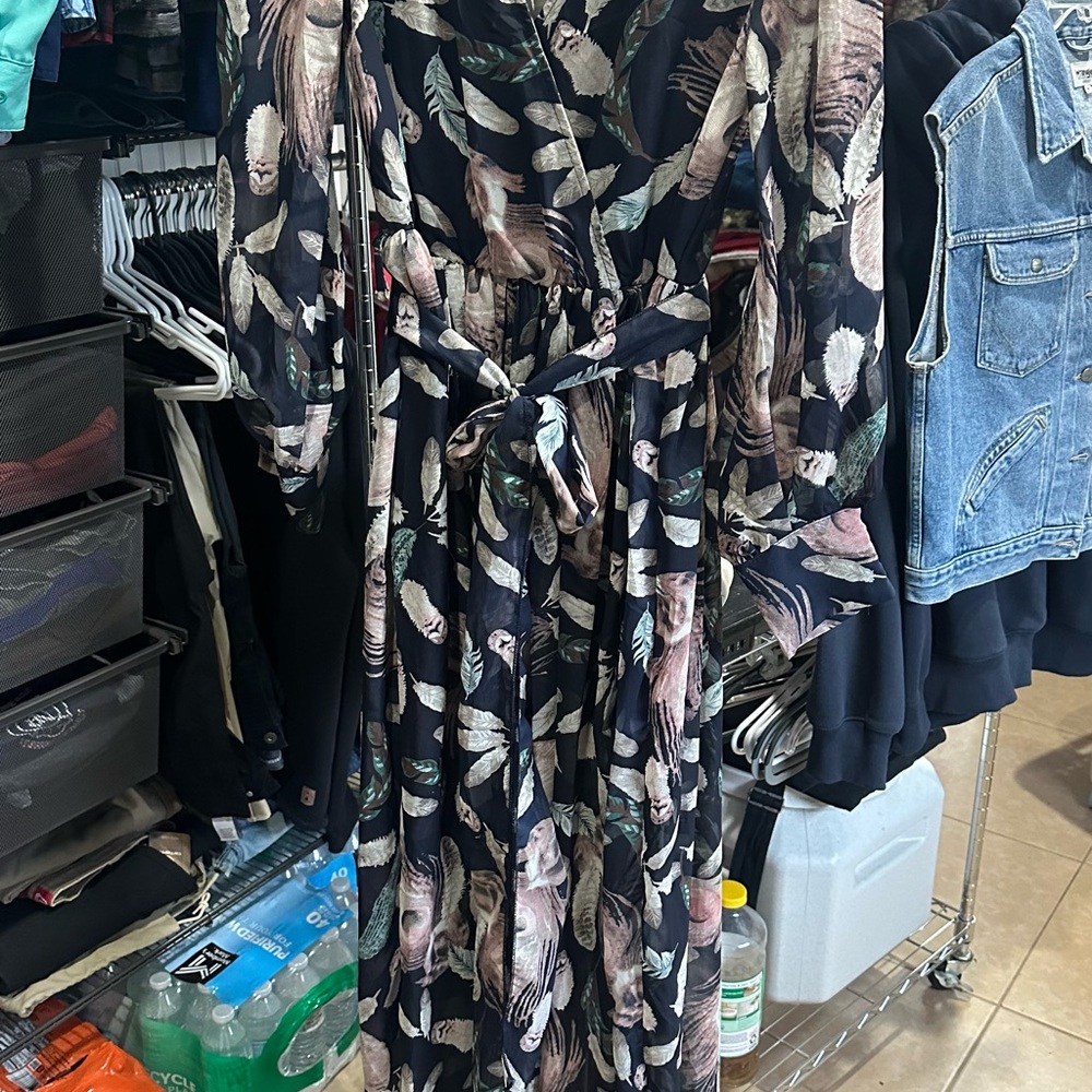 Fashion Nova Black Feather & Floral Maxi Dress with Tie Waist